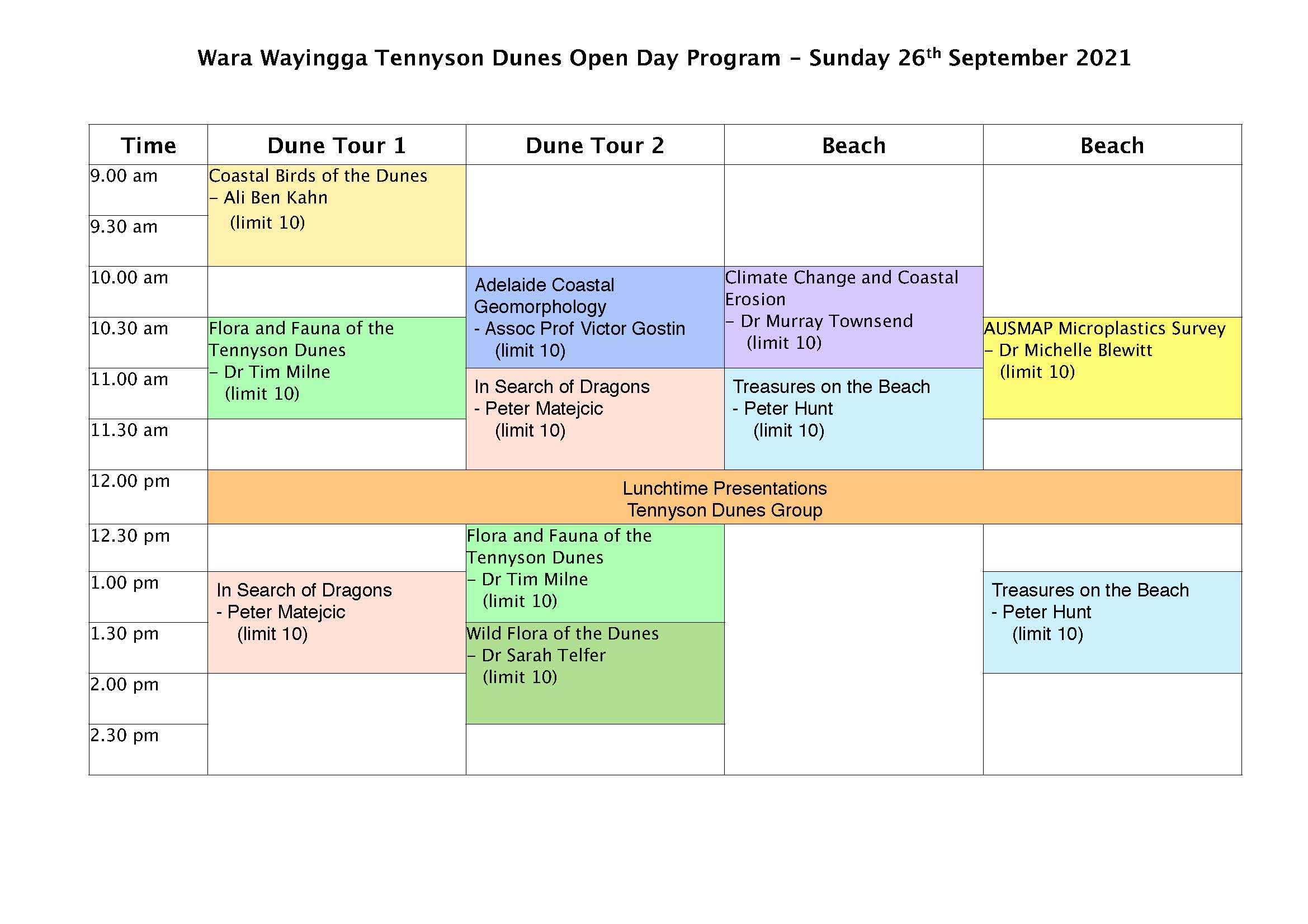 Tennyson Dunes Open Day program